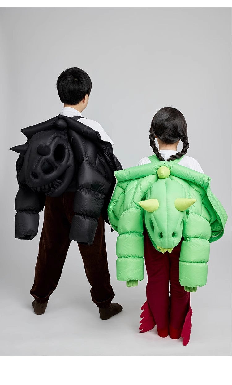 Kid's Autumn And Winter Solid Color Three-Dimensional Cutting Dinosaur Cap Hooded Loose Long-Sleeved Puffer Down Jacket #31323