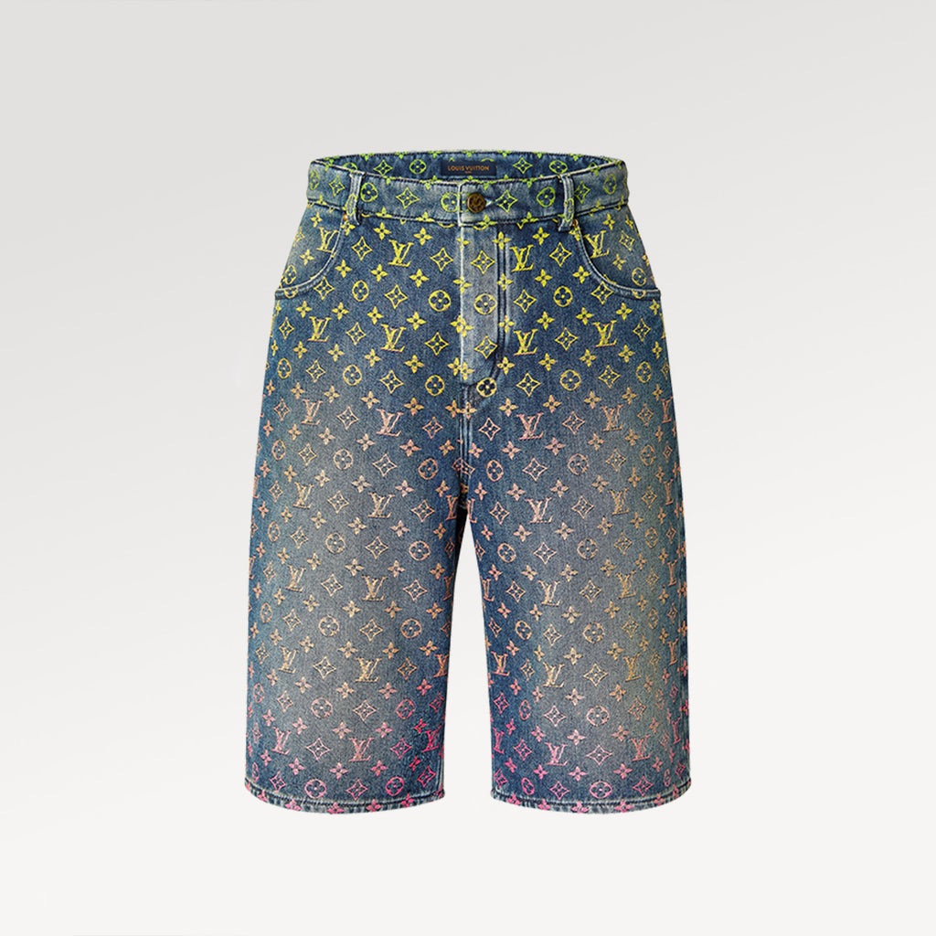 Louis Vuitton Rainbow Monogram Embroidered Short Sleeve Denim Shirt Straight Shorts Fashion Casual Suit Set #71411