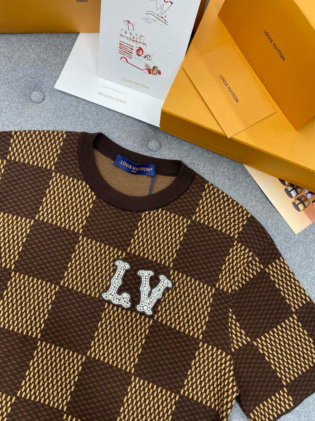 Louis Vuitton Men's Damier Imitation Crystal Applique Checkerboard Checkerboard Summer Cotton Solid Color Short Sleeve Round Neck Short Sleeve T-Shirt #81339