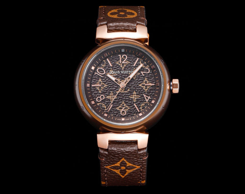 Louis Vuitton Tambour Monogram Watch Quartz Movement Canvas Strap 34mm Tan Dial 100m Water Resistant #98642