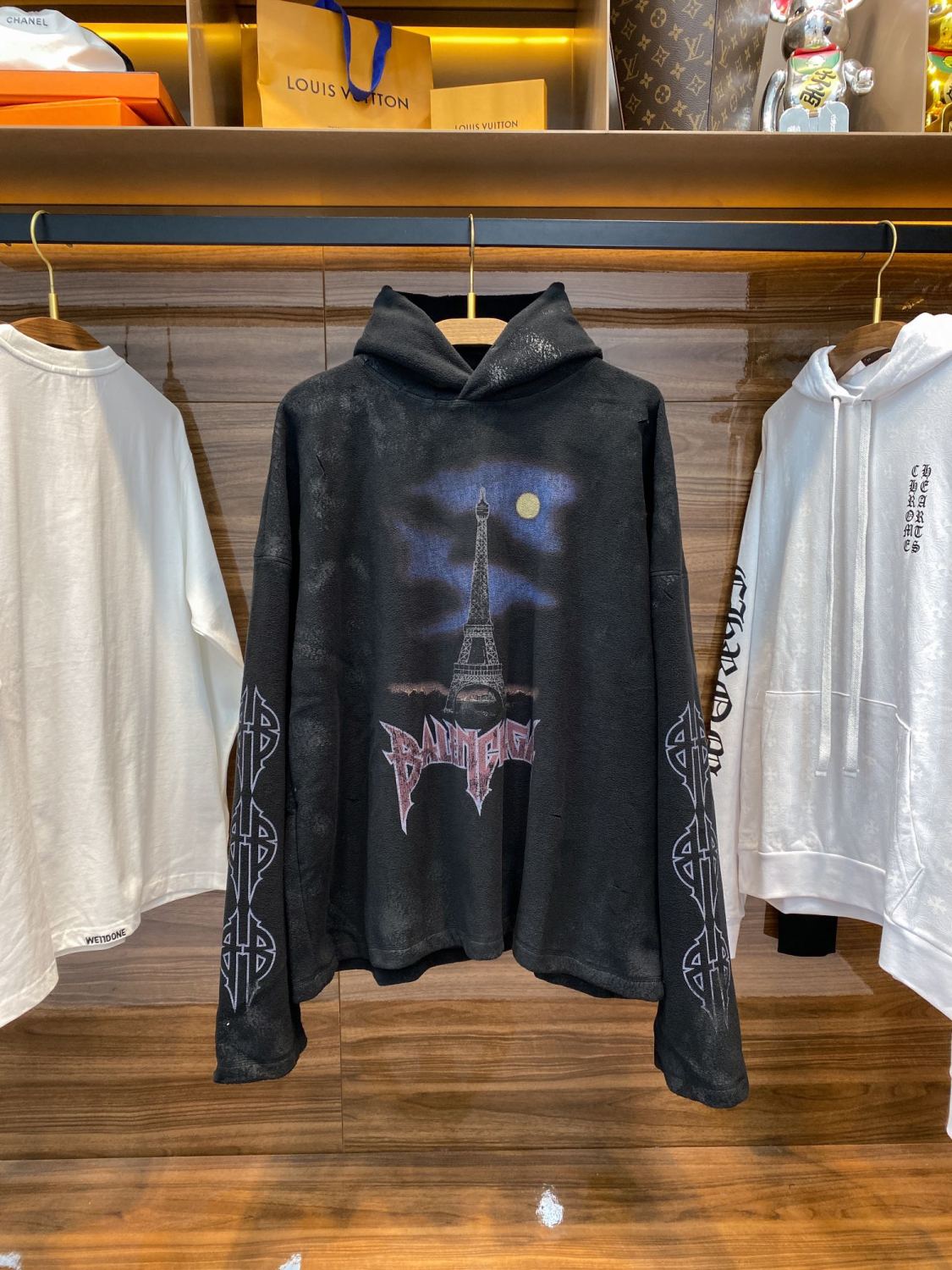 Balenciaga Men And Women With The Same Models Spring And Fall Do Old Do Fake Holes Washed Hooded Sweatshirt Pullover Paris Moon No Pocket Hoodie Oversized Black Faded #72926
