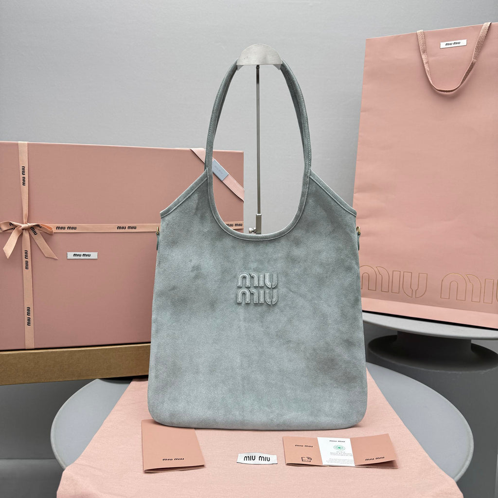 MiuMiu Light Blue Ivy Tote Bag Fashionable Casual Large-capacity Shoulder Bag With Handles Solid Color Logo Suede Bags #84214A
