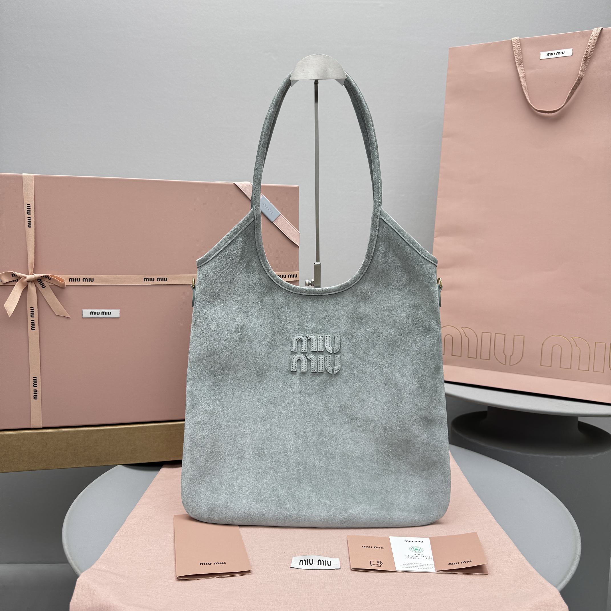 MiuMiu Light Blue Ivy Tote Bag Fashionable Casual Large-capacity Shoulder Bag With Handles Solid Color Logo Suede Bags #84214A
