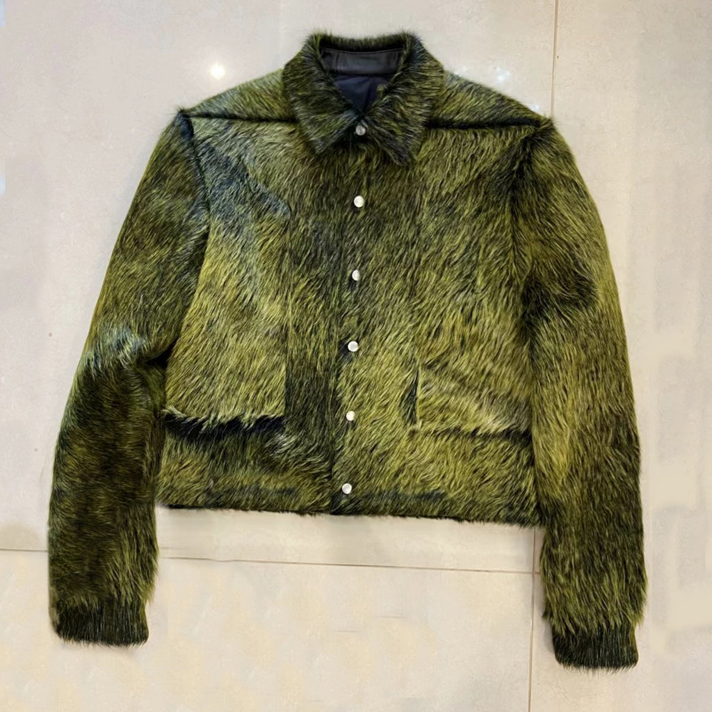 Rick Owens Men's spring and fall trend of high street retro yellow-green plush cowhide jacket lapel single-breasted casual jacket Ngvp #8247