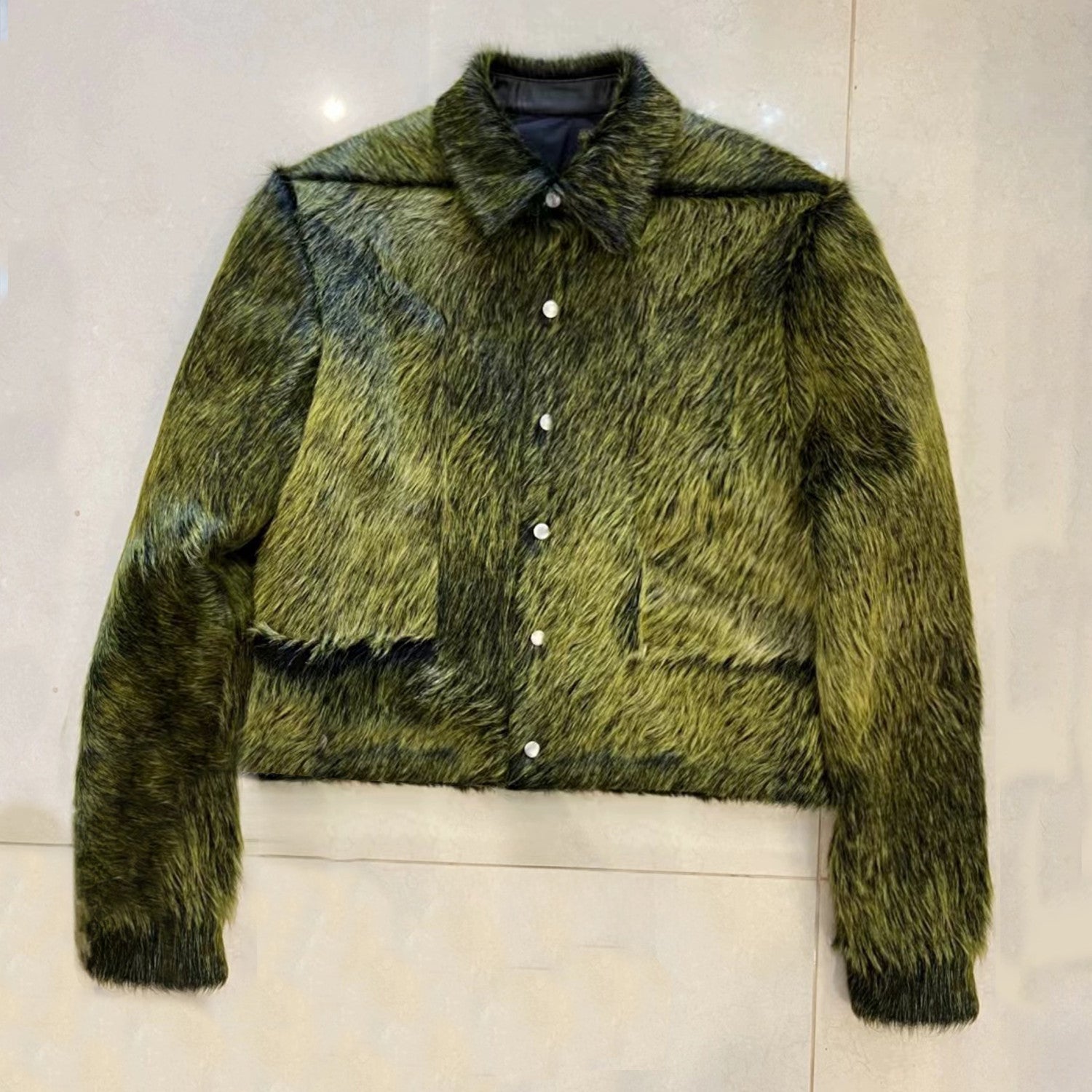 Rick Owens Men's spring and fall trend of high street retro yellow-green plush cowhide jacket lapel single-breasted casual jacket Ngvp #8247