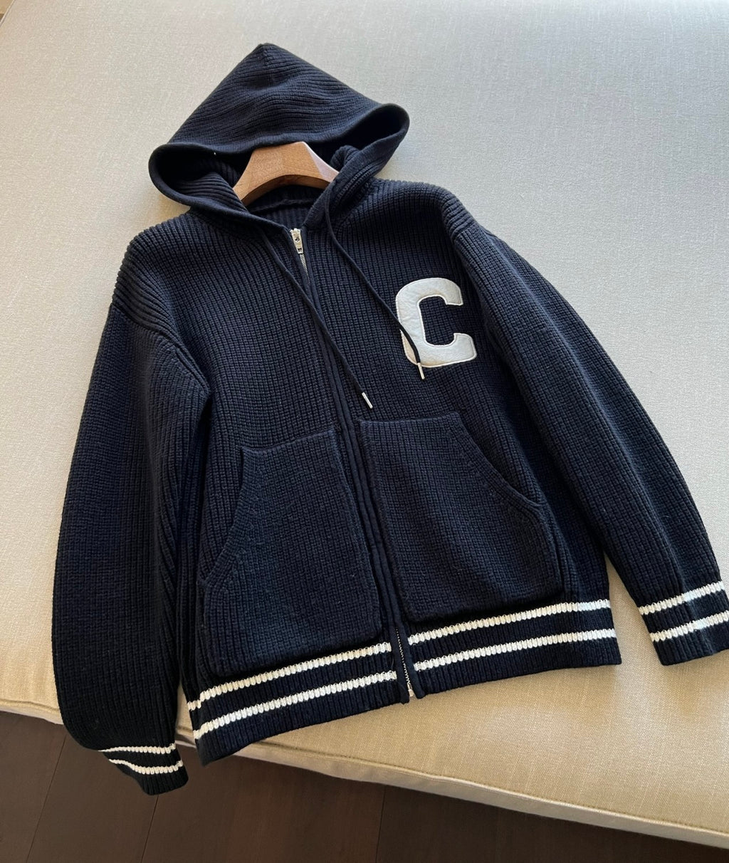 Celine Men's Spring and Autumn Solid Color Knit Hooded Drawstring Zipper Long Sleeve Jacket #75345
