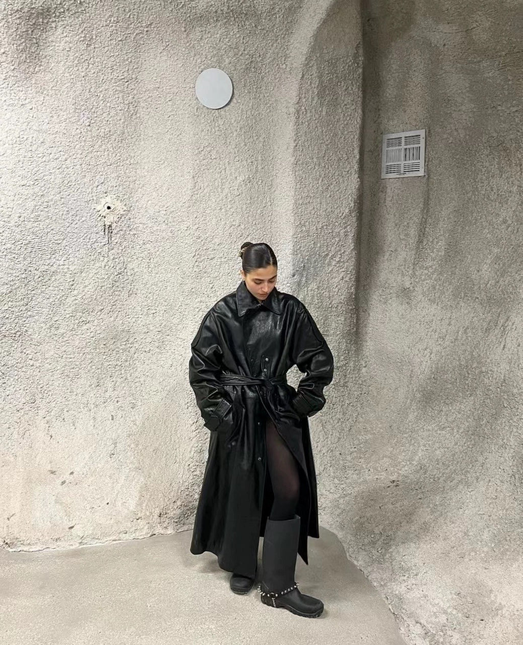 424 Men's Autumn and Winter Leather Belted Single Breasted Pants Long Sleeve Coat Jacket #99317