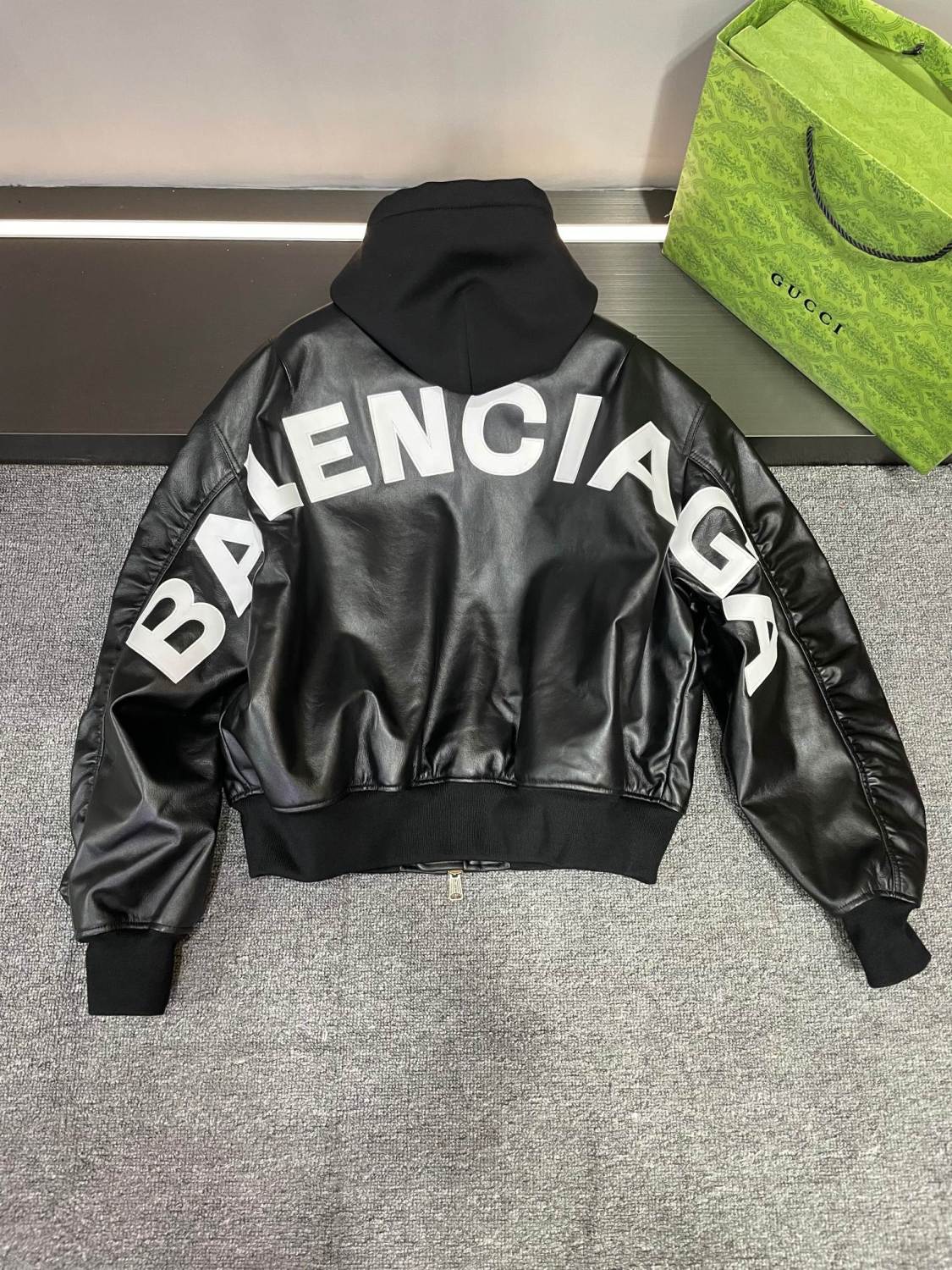 Balenciaga Men's Fall/Winter Black Letter Print Hooded Drop Shoulder Long Sleeve Zipper Leather Jacket #72777