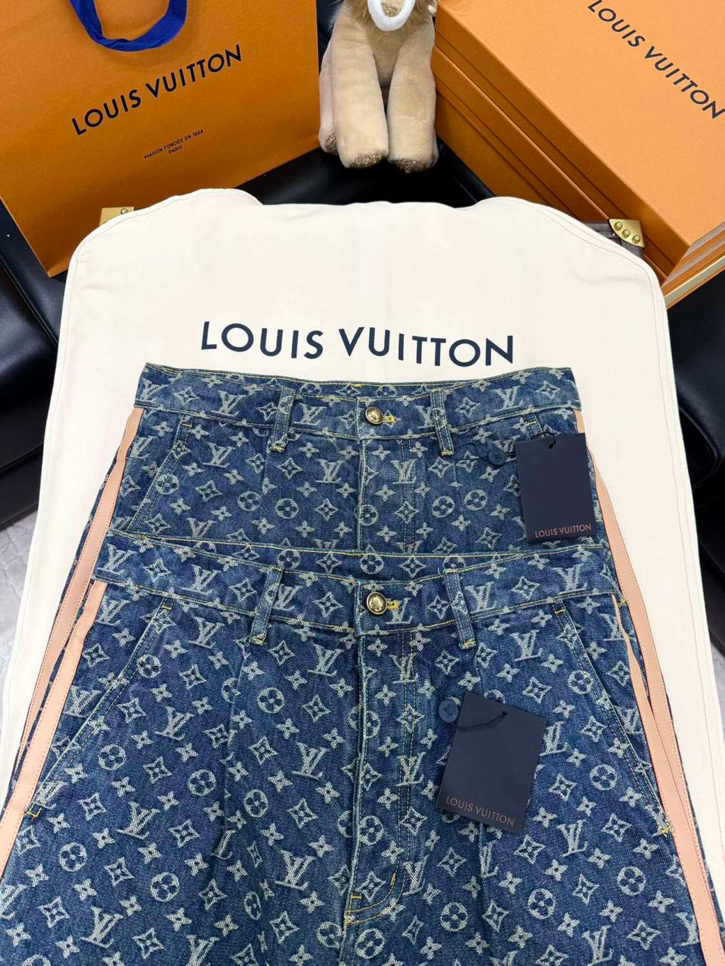 Louis Vuitton Men's Spring and Autumn Blue Cotton Monogrammed Full Print Jeans Pants #74415