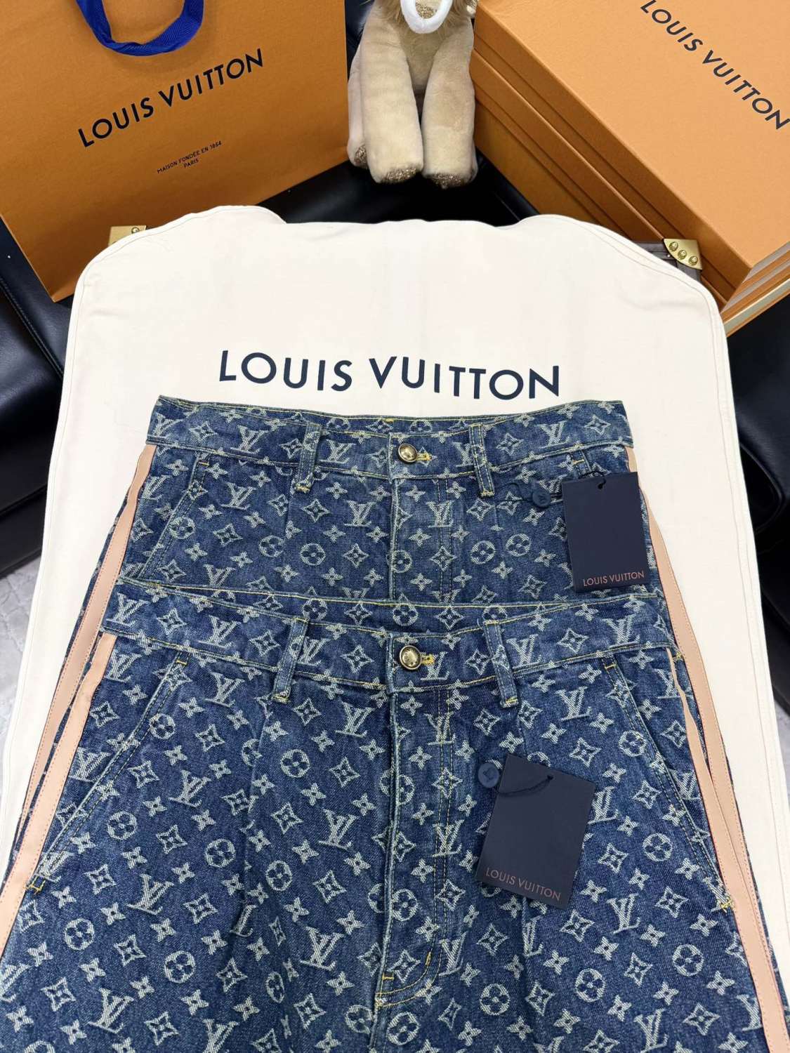 Louis Vuitton Men's Spring and Autumn Blue Cotton Monogrammed Full Print Jeans Pants #74415