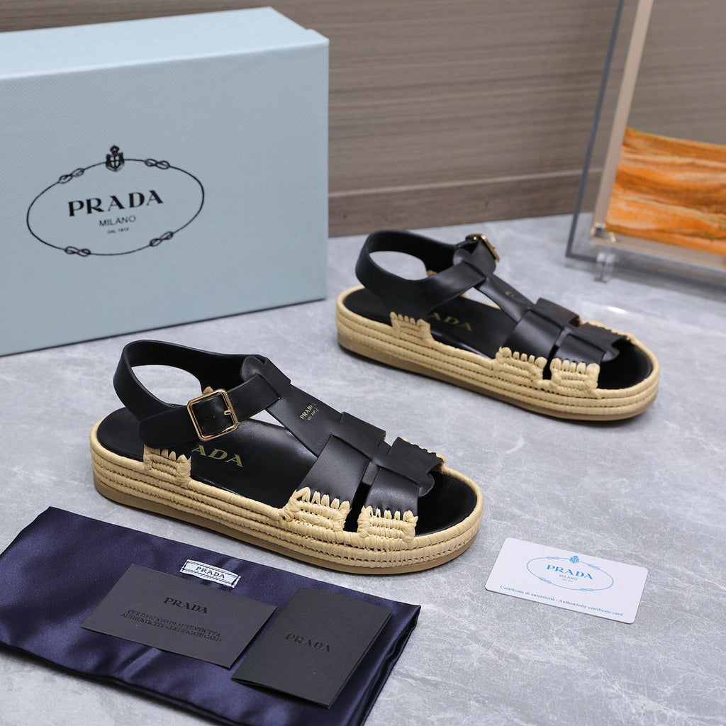 Prada Leather Fisherman Espadrille Sandals #380312