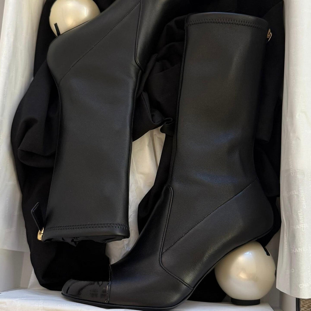 Chanel Women's Fall/Winter Fashion Classic Color Block Leather Round Toe Slip On Zipper Pearl Heel High Boots Pearl Boots Shoes #330870