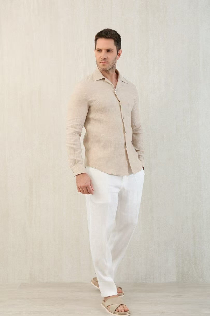 Brunello Cucinelli Men's Linen Easy Fit Shirt with Camp Collar and Chest Pocket Spring And Autumn Solid Color Long Sleeve Top Ngvp #1455
