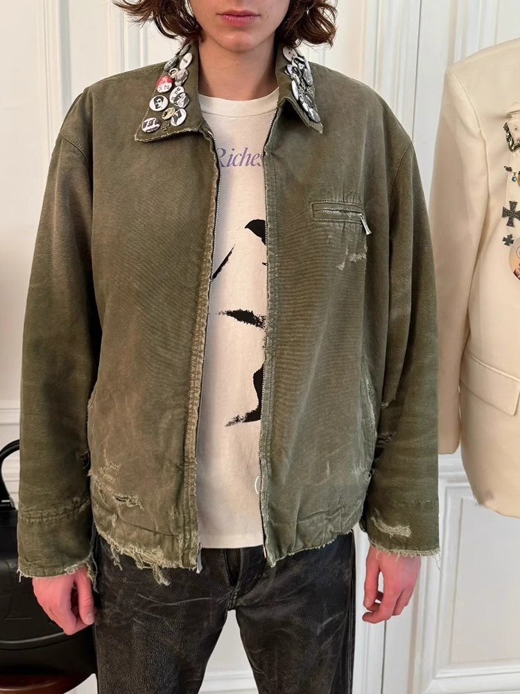 Enfants Riches Deprimes Men's Women's Spring And Autumn Lapel Faded Old Badge Solid Color Loose Long Sleeve Workwear Jacket Ngvp #9338