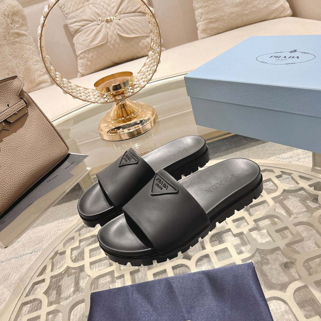 Prada Men's And Women's Summer Solid Colour Cowhide Leather Sandals And Slippers Shoes #76974