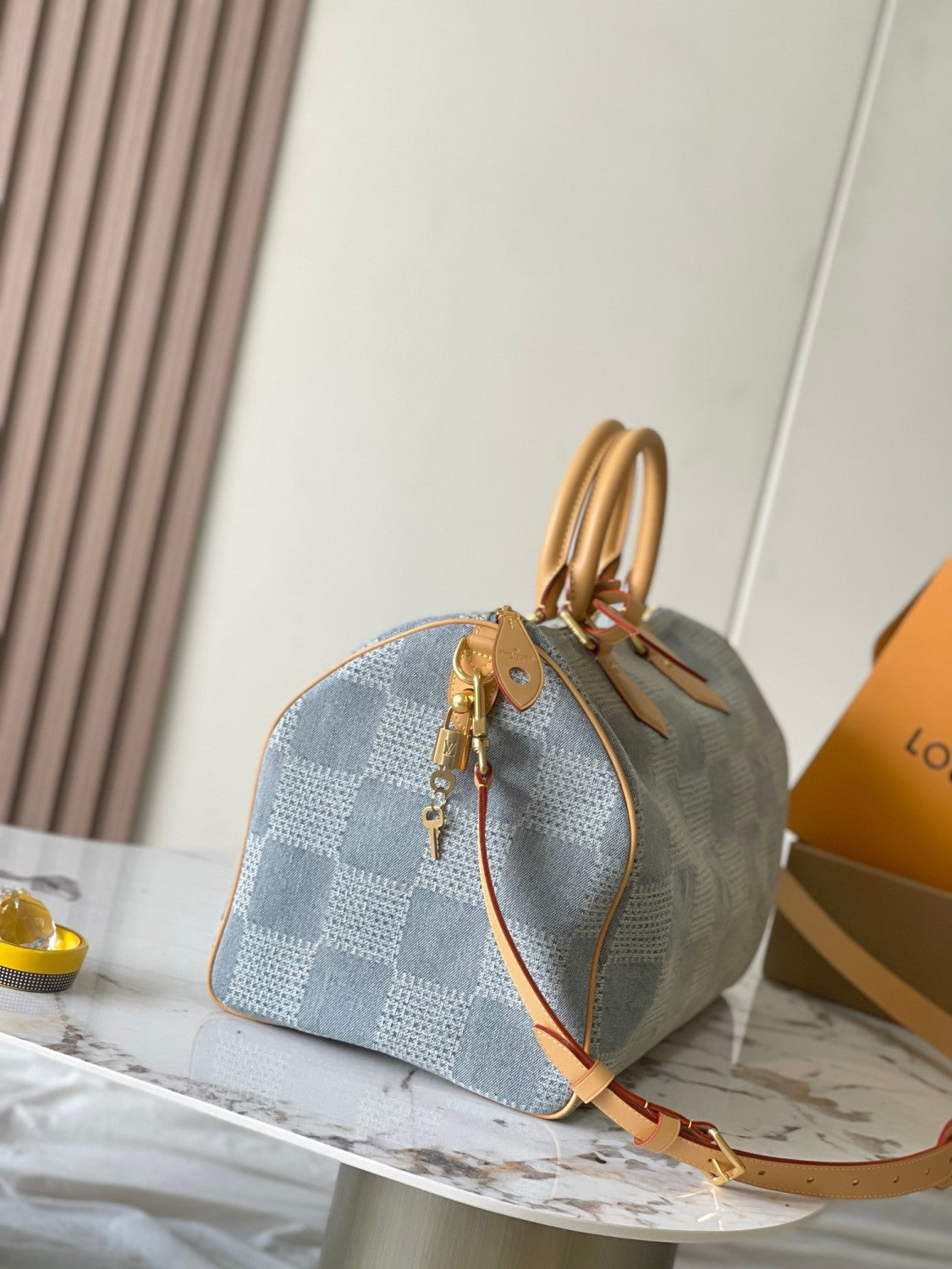 Louis Vuitton Speedy 40 Bandoulière Men's and Women's Checkerboard Printed Denim Patchwork Leather Single Shoulder Crossbody Tote Bag Travel Bags #76847