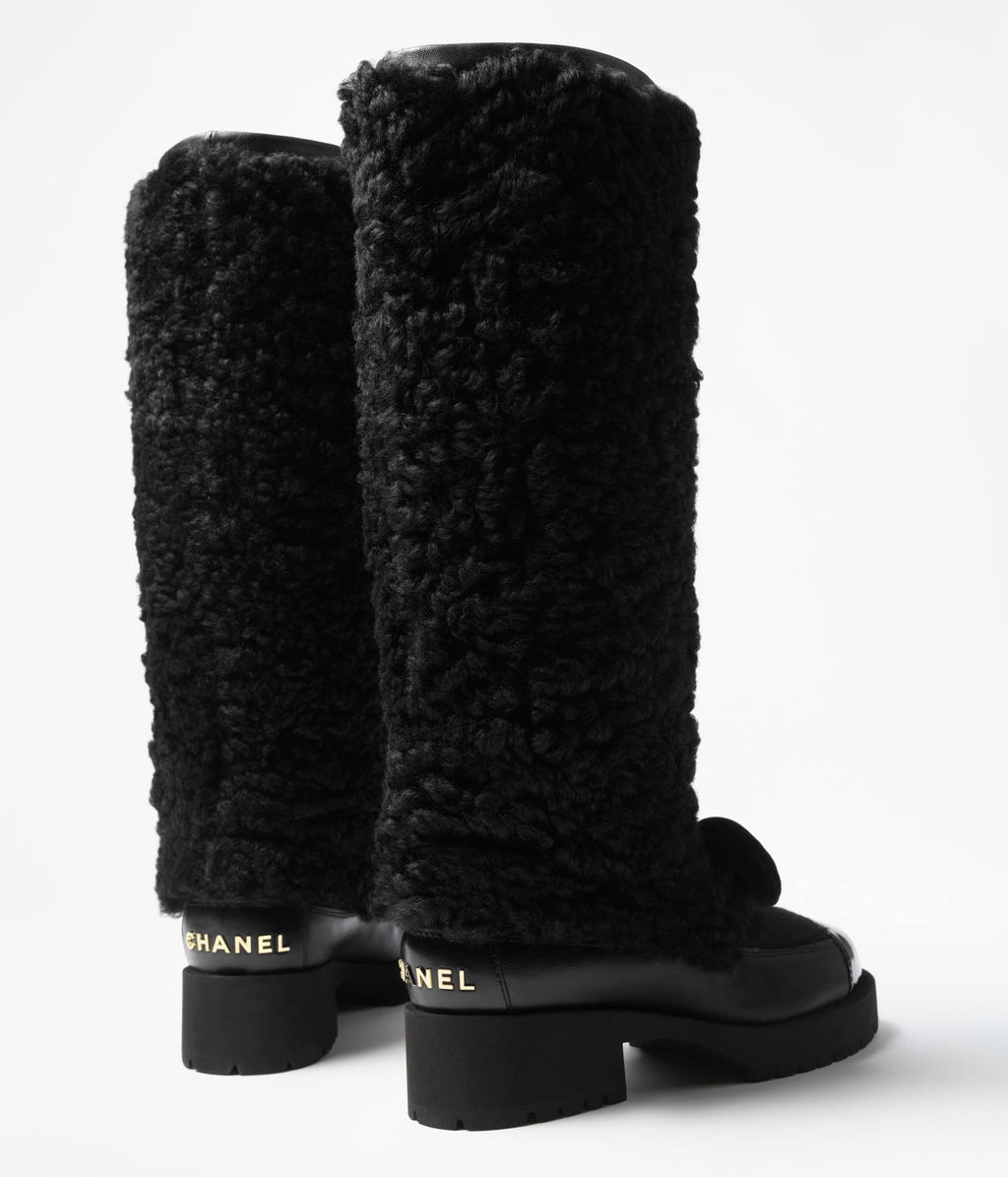 Chanel High Boots Shearling Lambskin Calfskin Lambskin Patent Calfskin Beige Black #334245