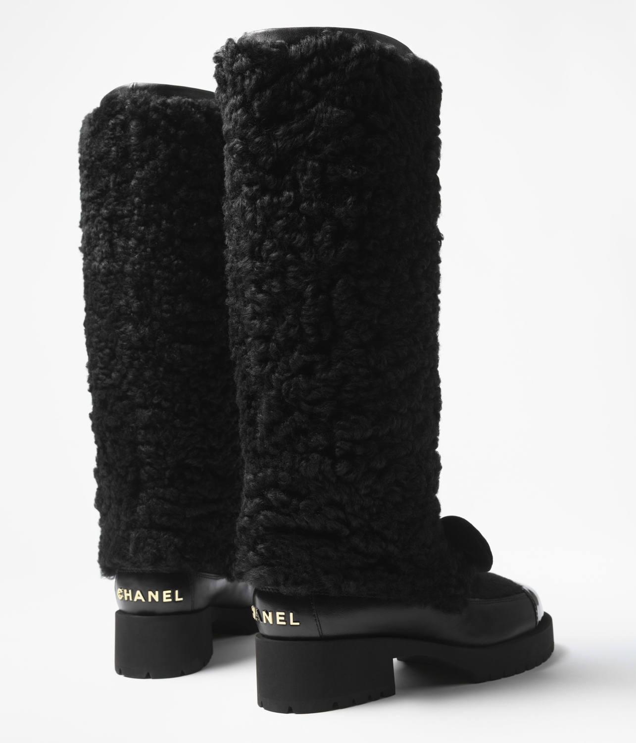 Chanel High Boots Shearling Lambskin Calfskin Lambskin Patent Calfskin Beige Black #334245