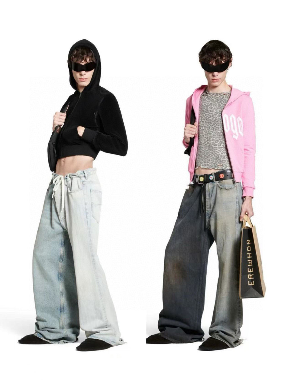 Balenciaga Men's Women's Colorblocking Denim Patchwork Old Damage Casual Loose Straight Leg Lace-Up Pants Ngvp #1818