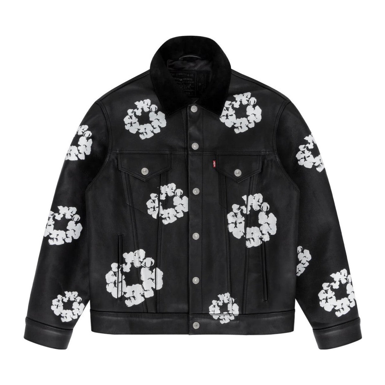 Denim Tears x Levi's Men's and Women's Autumn and Winter Black Leather Cotton Loop Logo Printed Lapel Single Breasted Long Sleeve Jacket Mid Calf Casual Pants Suit Set #74881