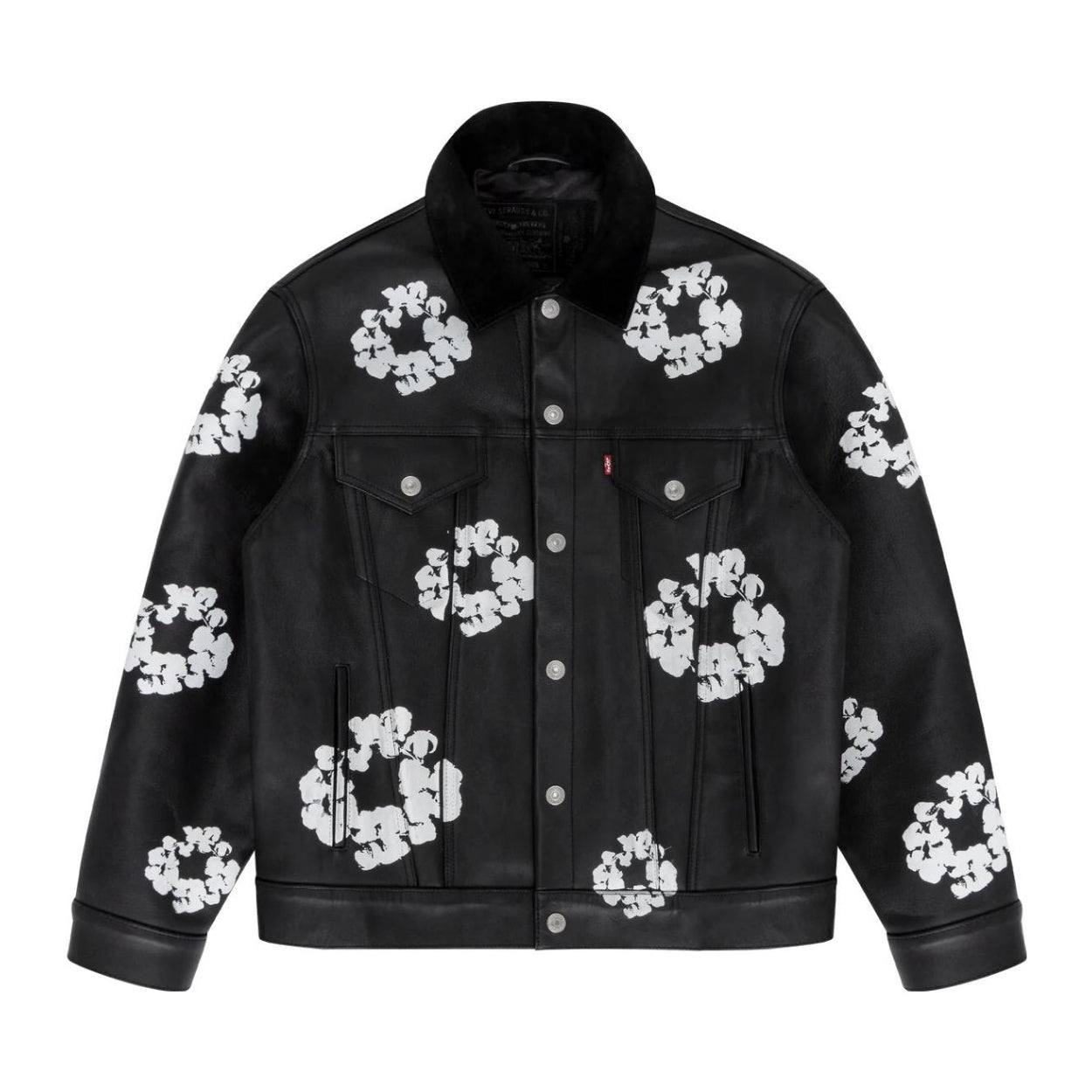 Denim Tears x Levi's Men's and Women's Autumn and Winter Black Leather Cotton Loop Logo Printed Lapel Single Breasted Long Sleeve Jacket Mid Calf Casual Pants Suit Set #74881