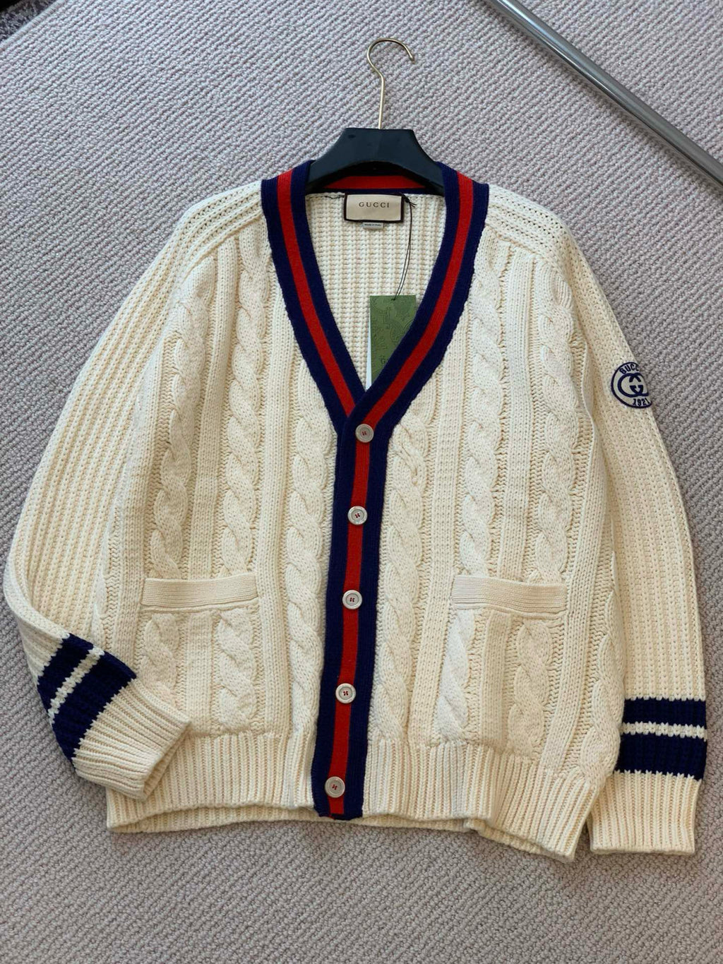 Gucci Men's Beige Colour Block Stripe V-Neck Single Breasted Long Sleeve Knitted Cardigan #97871