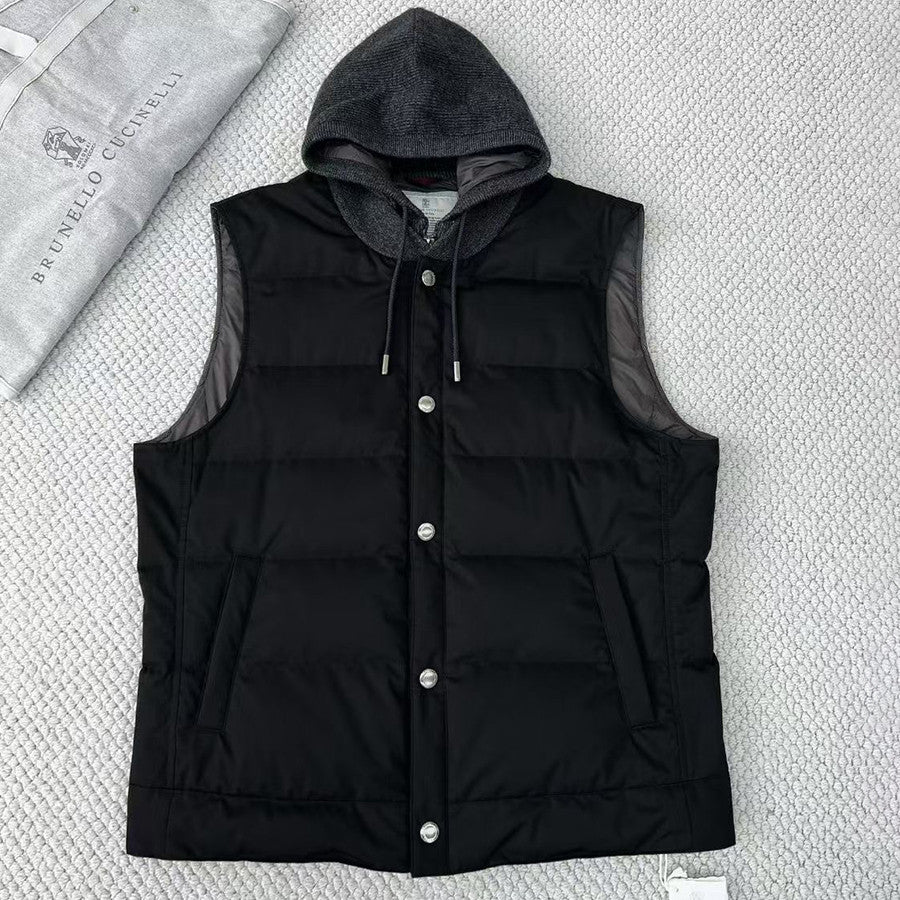 Brunello Cucinelli Men's Fall/Winter High-Street Color-Blocked Single-Breasted Solid Sleeveless Hooded Down Vest Ngvp #2321