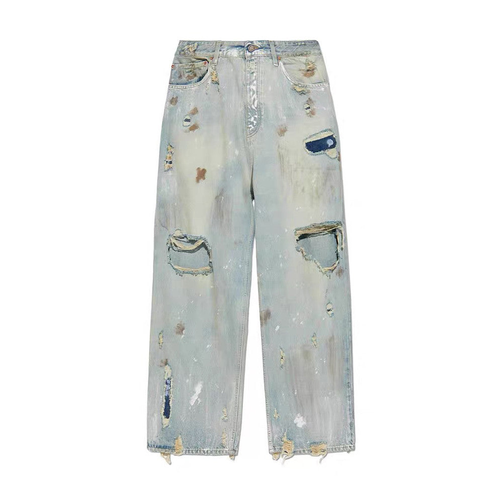 Vetements Men's Four Season Mid Rise Solid Color Distressed Holes Jeans Casual Cotton Loose Wide Leg Pants Ngvp #1211