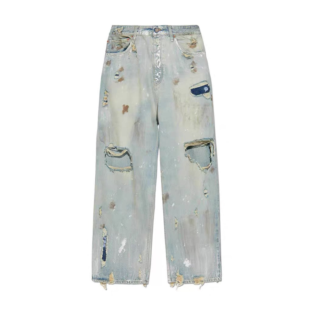 Vetements Men's Four Season Mid Rise Solid Color Distressed Holes Jeans Casual Cotton Loose Wide Leg Pants Ngvp #1211