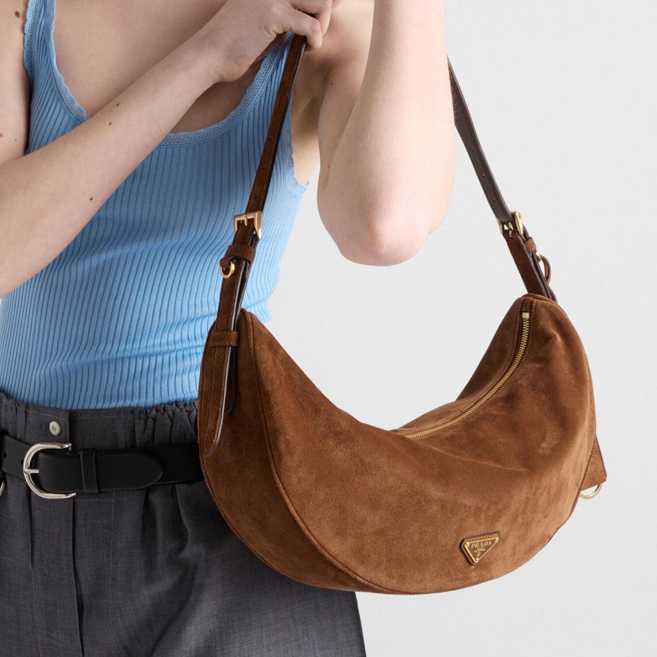 PRADA Classic Crescent Shape Suede Shoulder Bag Oversized Fit  Adjustable Handles Women's Handbag #81941L