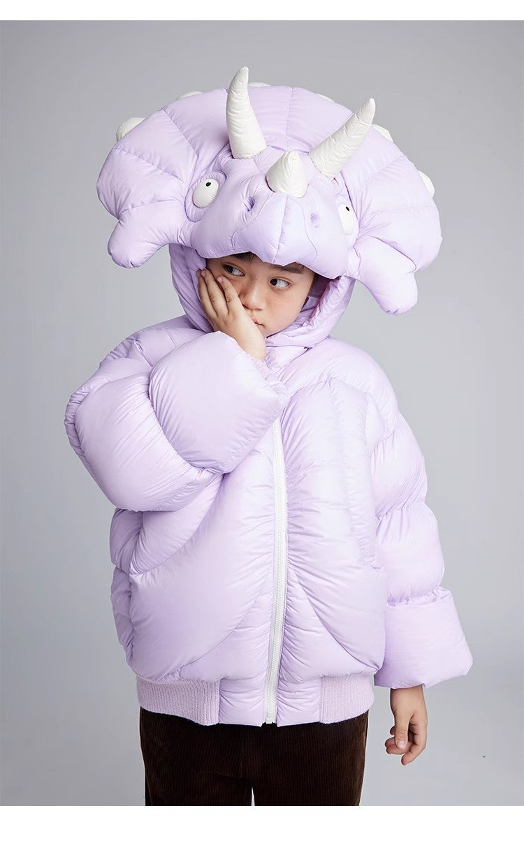 Kid's Autumn And Winter Solid Color Triceratops Jacket Thickened Short Zipper Loose Hooded Puffer Down Jacket #31322