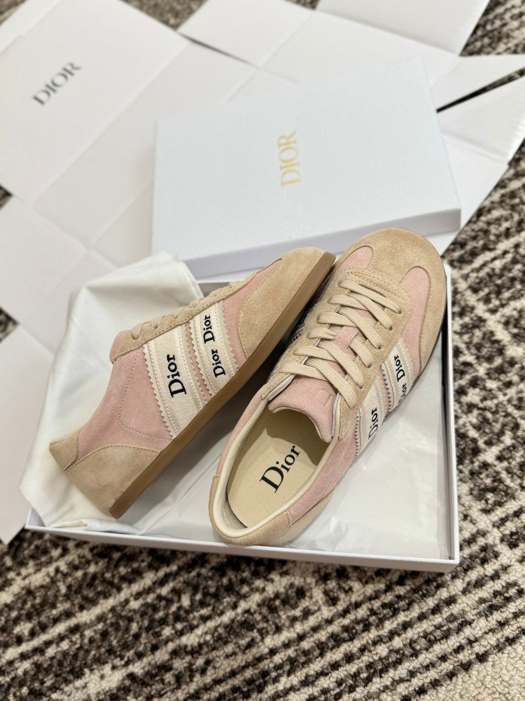 DIOR Dior Ribbon Sneaker Pink and Beige Suede Calfskin #381517
