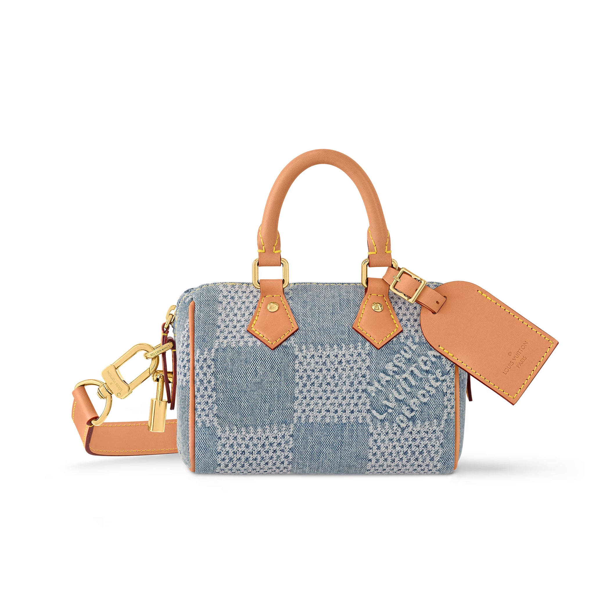 Louis Vuitton Speedy 18 Bandoulière Men's and Women's Checkerboard Printed Denim Patchwork Leather Single Shoulder Crossbody Tote Bag Bags #76848