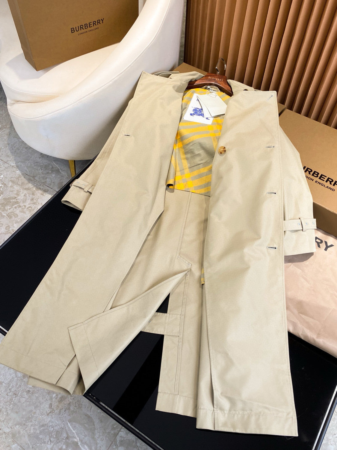 Burberry Men's Spring And Fall Solid Color Double Breasted Tie Waist Long Windbreaker Coat Jacket #98782