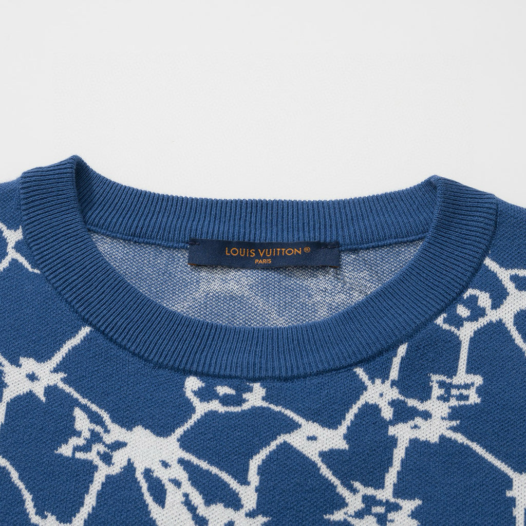 Louis Vuitton Men's Summer Blue Fishing Net Printed Ribbed Crew Neck Cotton Short Sleeve T-Shirt #99446