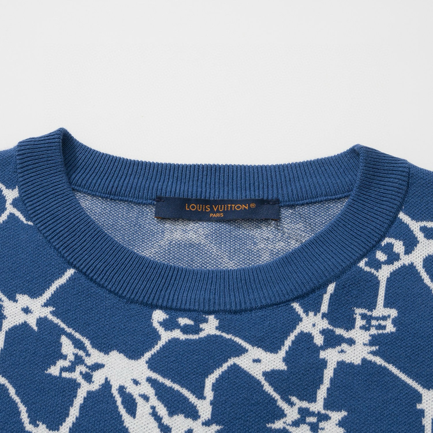 Louis Vuitton Men's Summer Blue Fishing Net Printed Ribbed Crew Neck Cotton Short Sleeve T-Shirt #99446