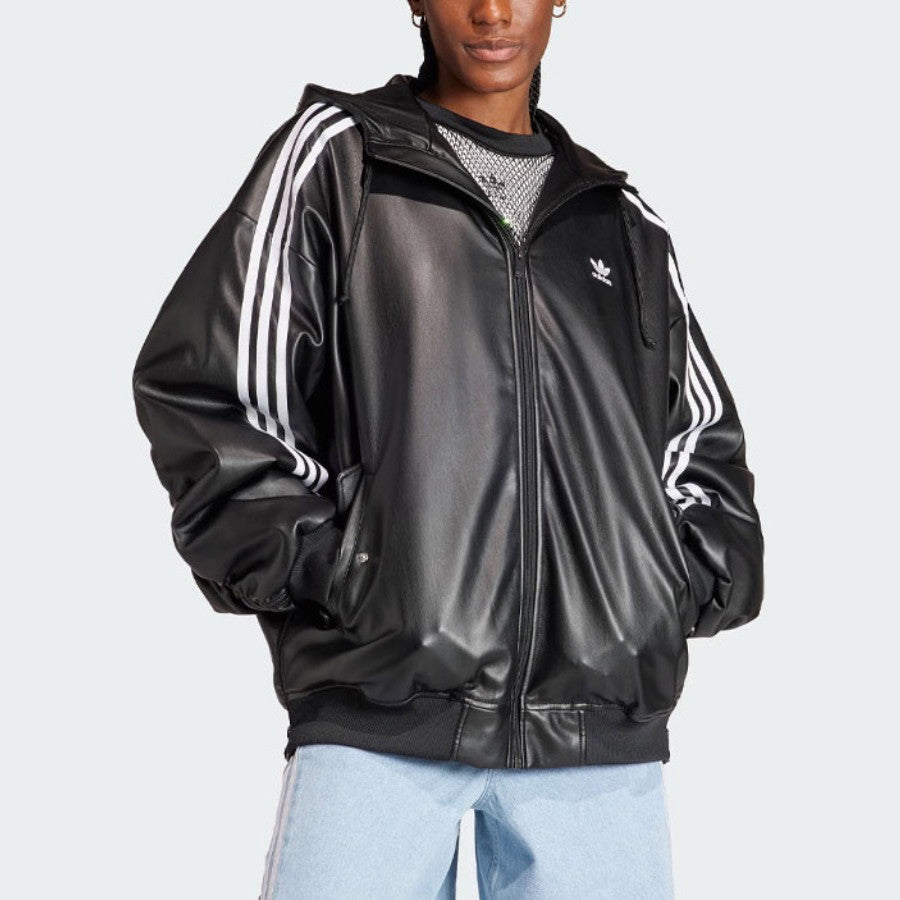 Adidas Originals Men's And Women's Spring And Fall Models Three Stripes Color Blocking Loose Sports Hooded Leather Jacket #98641
