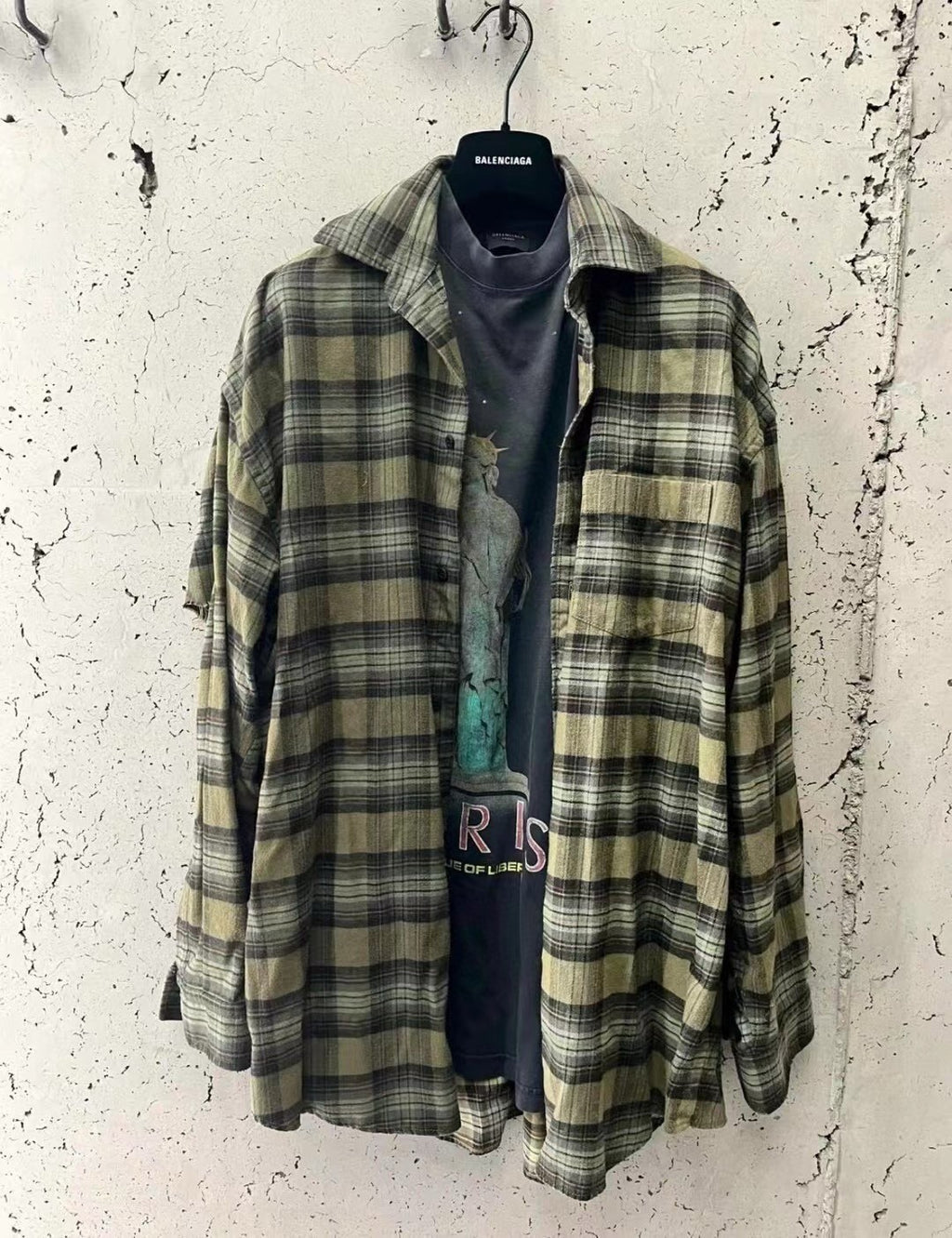 Balenciaga Men's Spring And Autumn Checkered Lapel Aged Cotton PARIS LIBERTY Loose Long Sleeve Solid Layered Shirt #73368