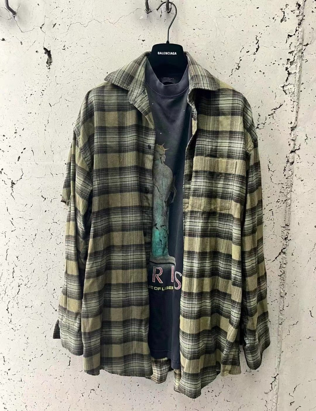 Balenciaga Men's Spring And Autumn Checkered Lapel Aged Cotton PARIS LIBERTY Loose Long Sleeve Solid Layered Shirt #73368