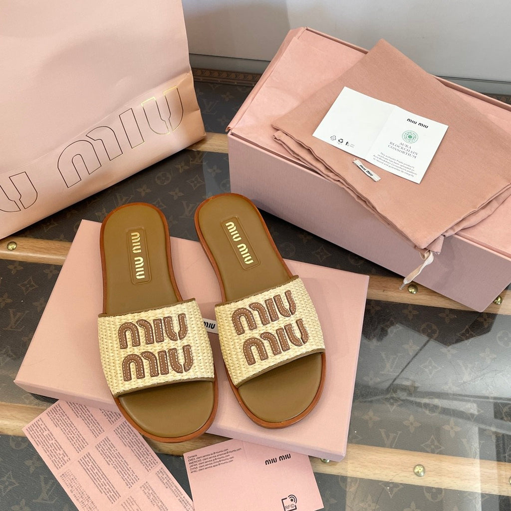 MiuMiu Women's Spring/Summer/Fall Logo Raffia Woven Leather Flat Sandals Casual Slippers Shoes #81553