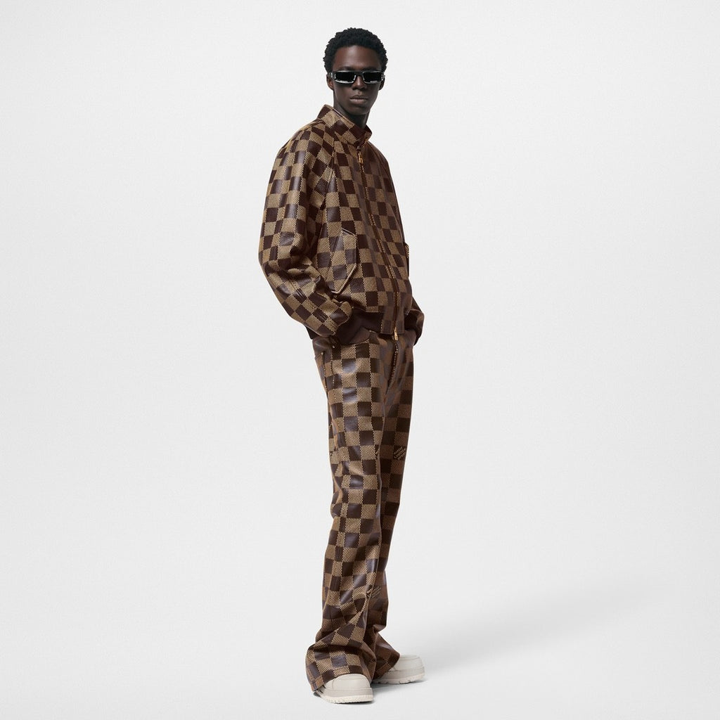 Louis Vuitton Men's Fall And Winter Brown Checkerboard Pattern Collar Zipper Cowhide Long Sleeved Jacket #72772