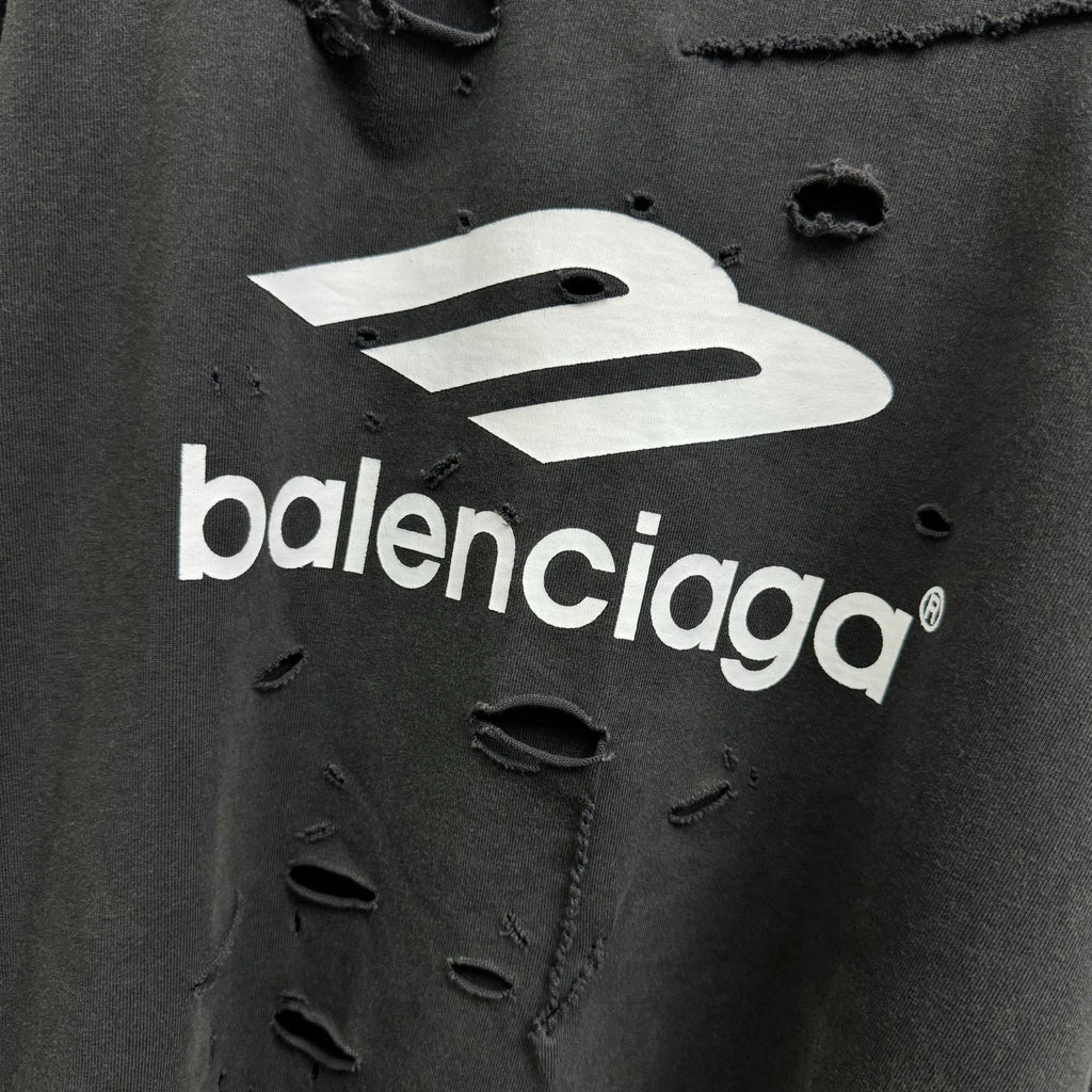 Balenciaga Men's Spring Summer 3B Sport Icon Black and Washed Black Destroyed Vintage Plain Knit Medium Fit Layered T-Shirt #75966