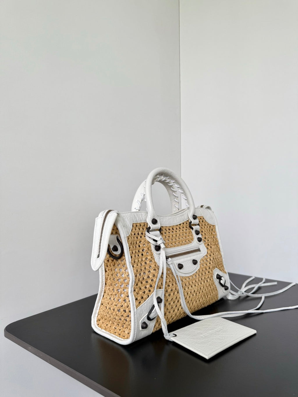 Balenciaga Le City Raffia-effect Fabric Small Handbag Black And White Fashionable Classic Handbag And Crossbody Bag Bags #84325A