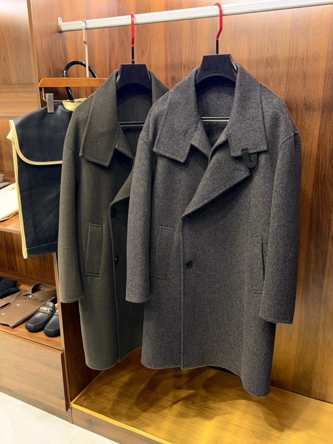 Hermes Men's Large Lapel Wool Slightly Wide Version Long Cashmere Coat #333099