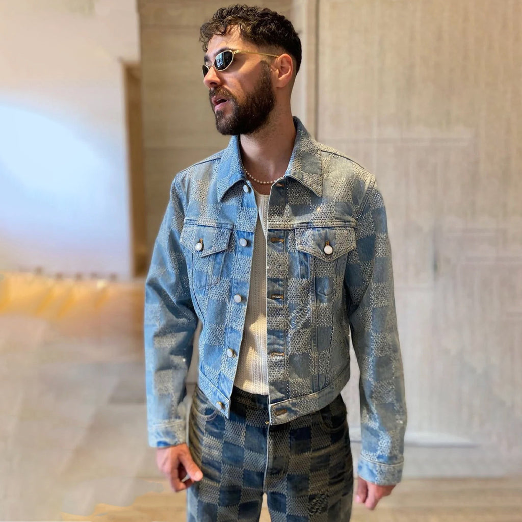 Louis Vuitton Men's Fall And Winter Mto Embellished Damier Denim Jacket Checkerboard Checkered Jacket With Diamonds Fashionable Versatile Jacket Ngvp #9126
