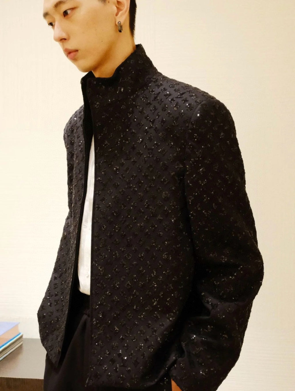 Louis Vuitton Men's Spring and Autumn Black Evening Drawstring Zipper Standing Collar Jacket Casual Pants Suit Set #72849