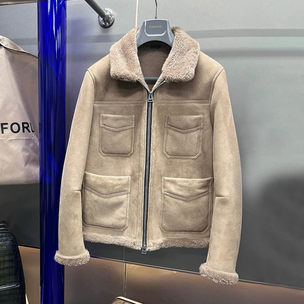 Tom Ford Men's and Women's  Winter Fashion Casual Lapel Zipper Classic Four-Pocket Leather and Fleece Hybrid Jacket #78814