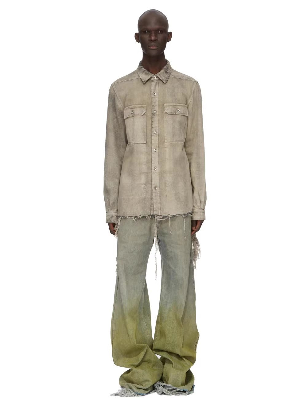 Rick Owens Men's Women's Four Seasons Gradient Yellow Green Washed Vintage Hole Breaking Wide Leg Denim Long Pants Ngvp #8192