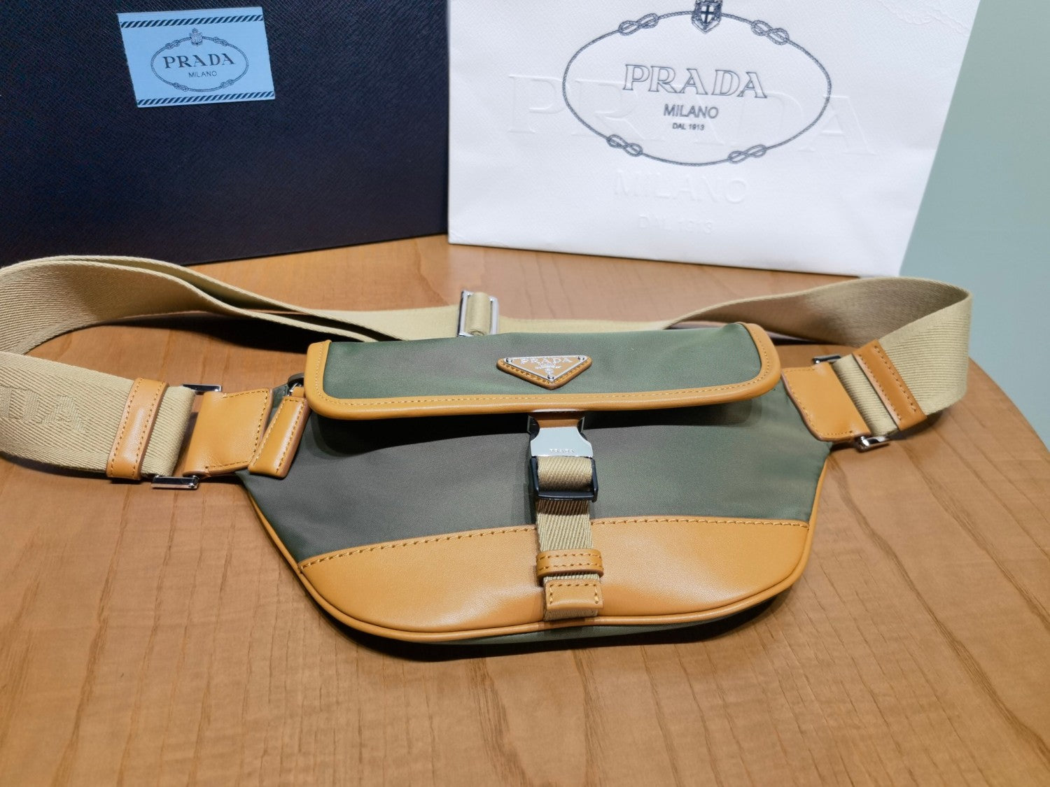 Prada Men's Enameled Metal Triangle Label Re-Nylon and Leather Shoulder Bag Waist Bags #76294