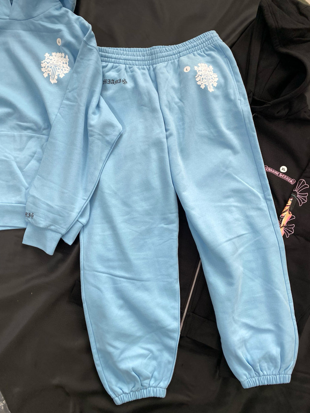 Chrome Hearts Men's Autumn and Winter Blue Long Sleeve Hooded Sweatshirt Stretch Sweatpants Pants Set Suit #97987